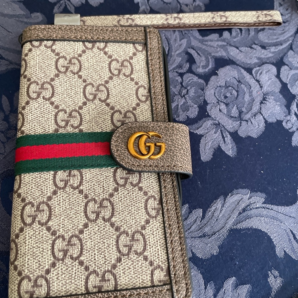 Designer-Inspired Beige Monogram Wristlet Phone Case with Green-Red Stripe